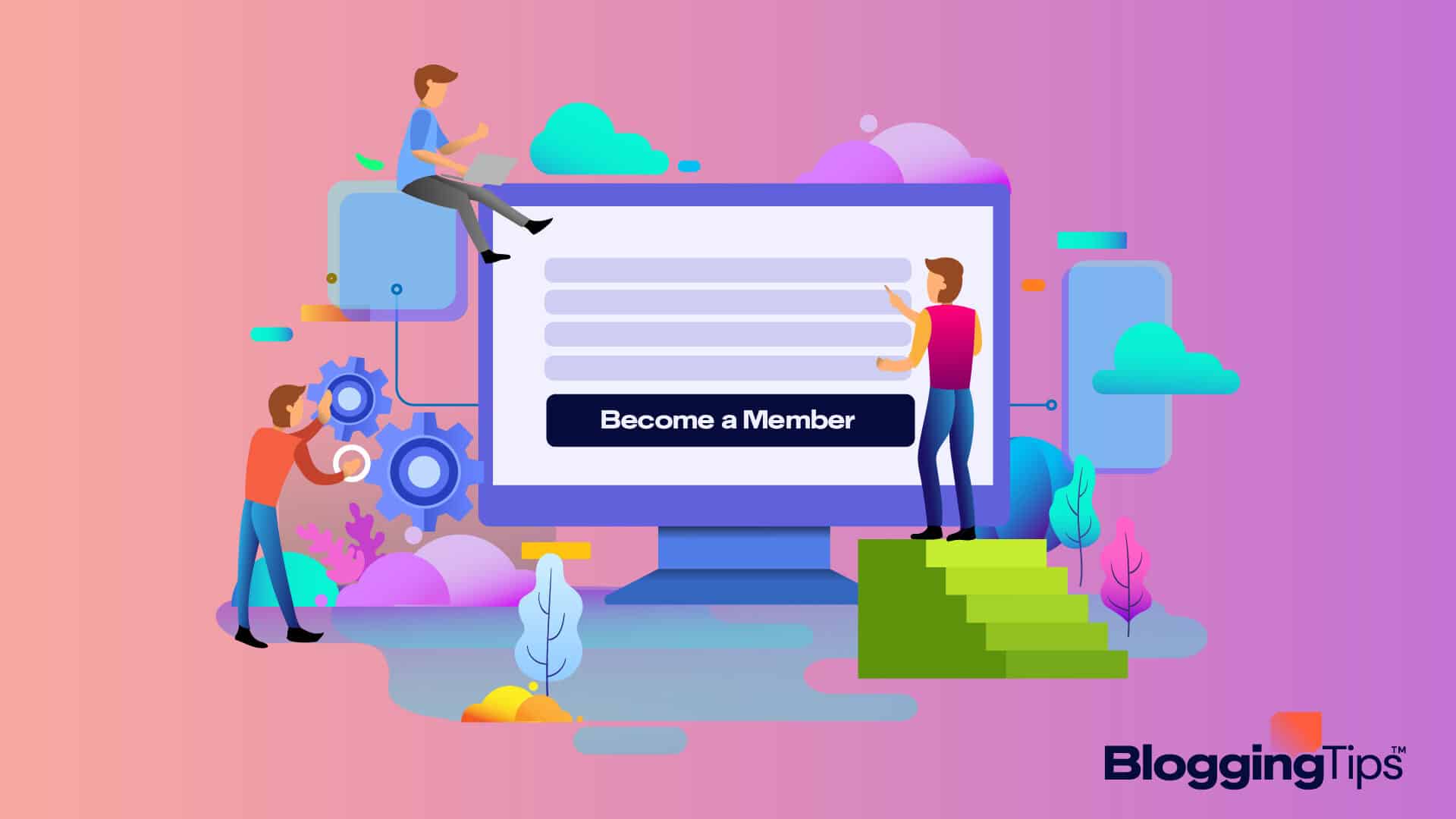 vector graphic showing an illustration showing tools to use to create a membership site