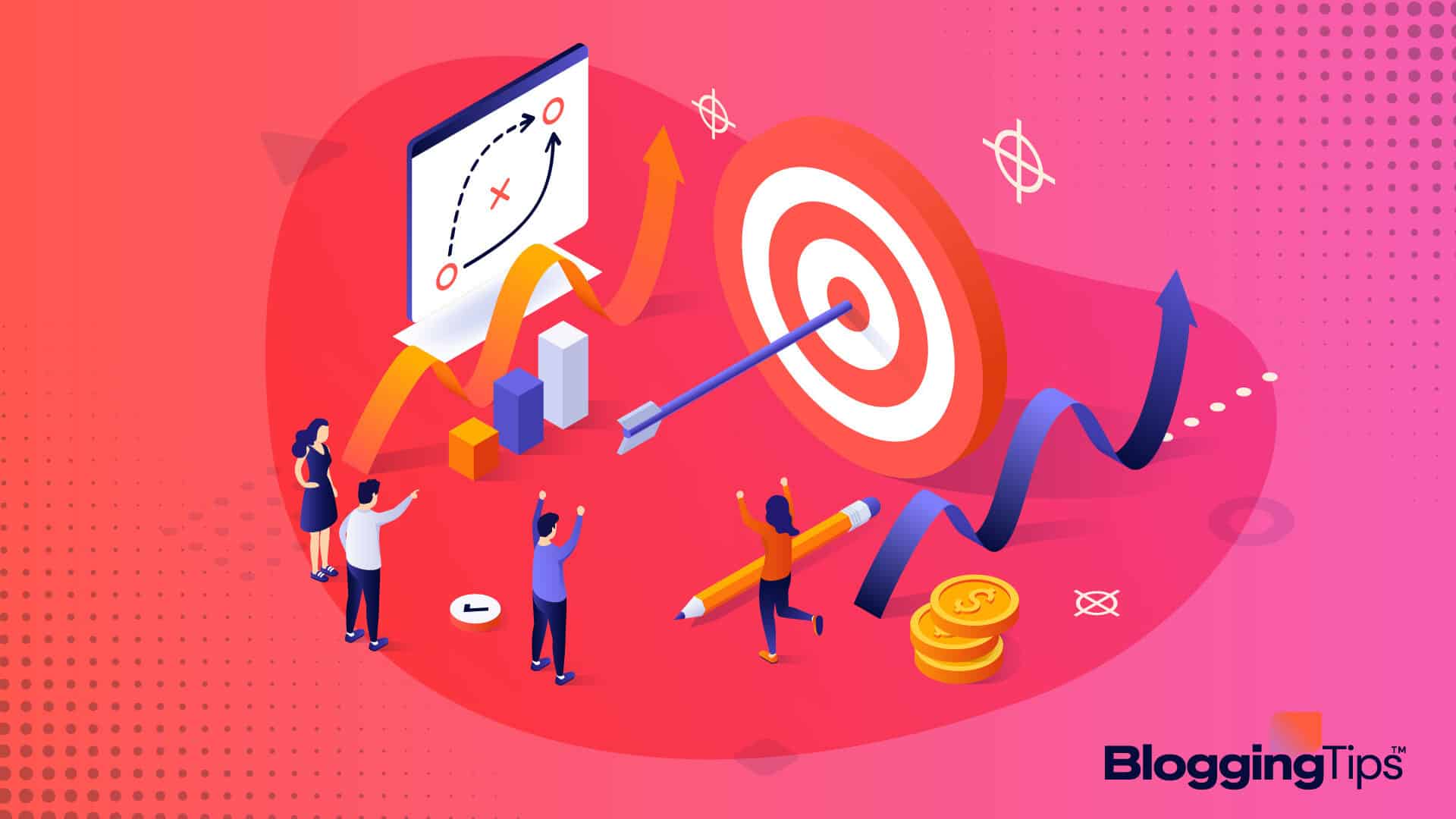 vector graphic showing an illustration of people trying to get to the bulls eye through niche strategy