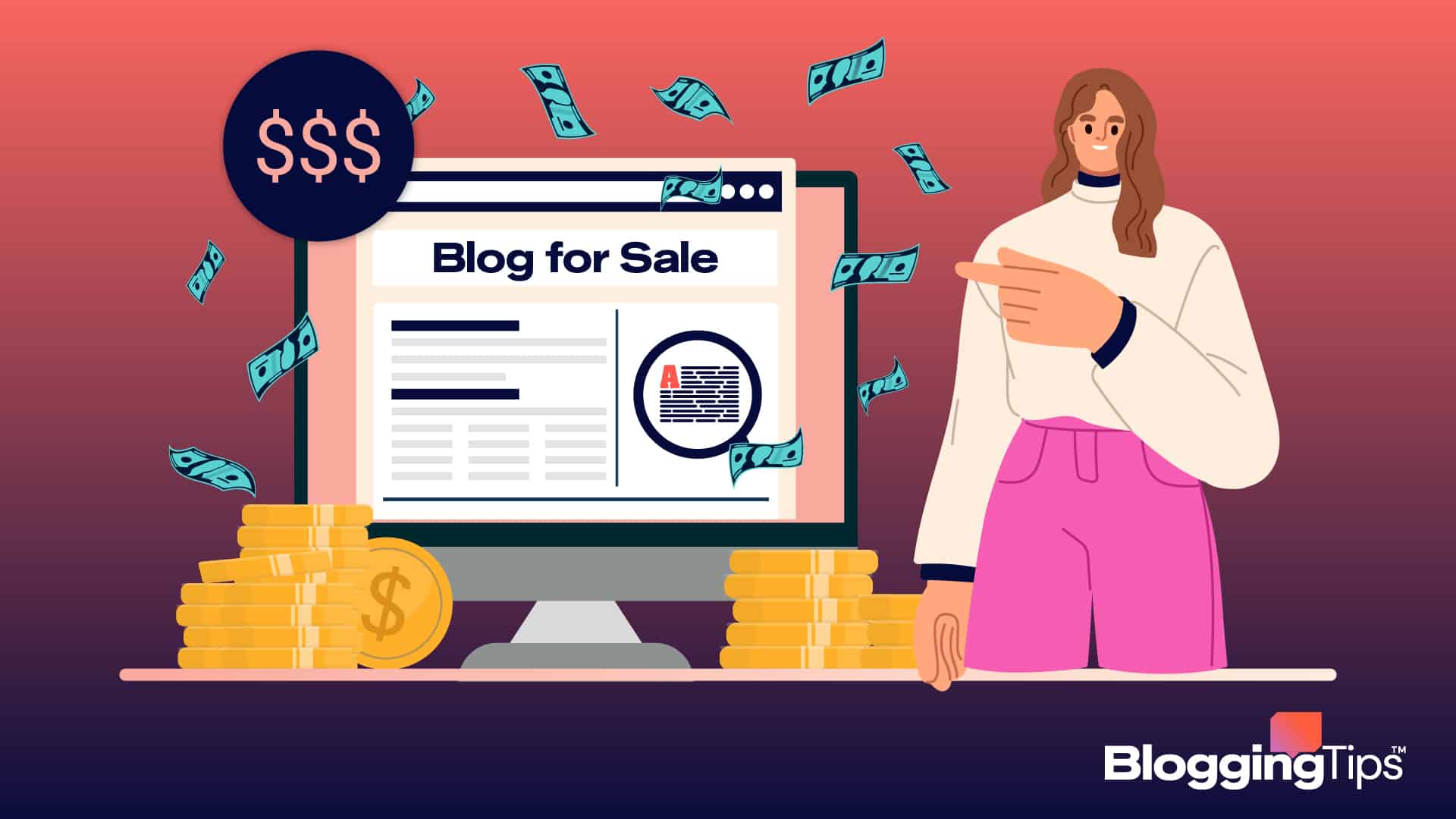 vector graphic showing an illustration of a woman selling a blog and making moneyvector graphic showing an illustration of a woman selling a blog and making money