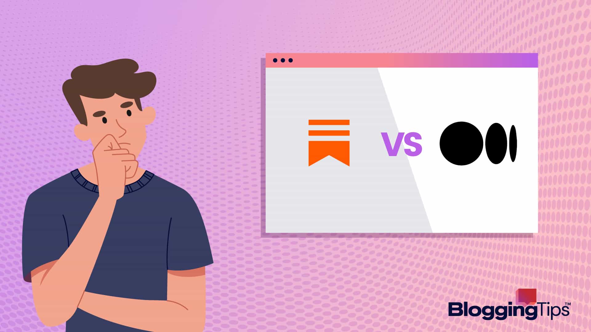 vector graphic showing an illustration of a man wondering if substack vs medium is better