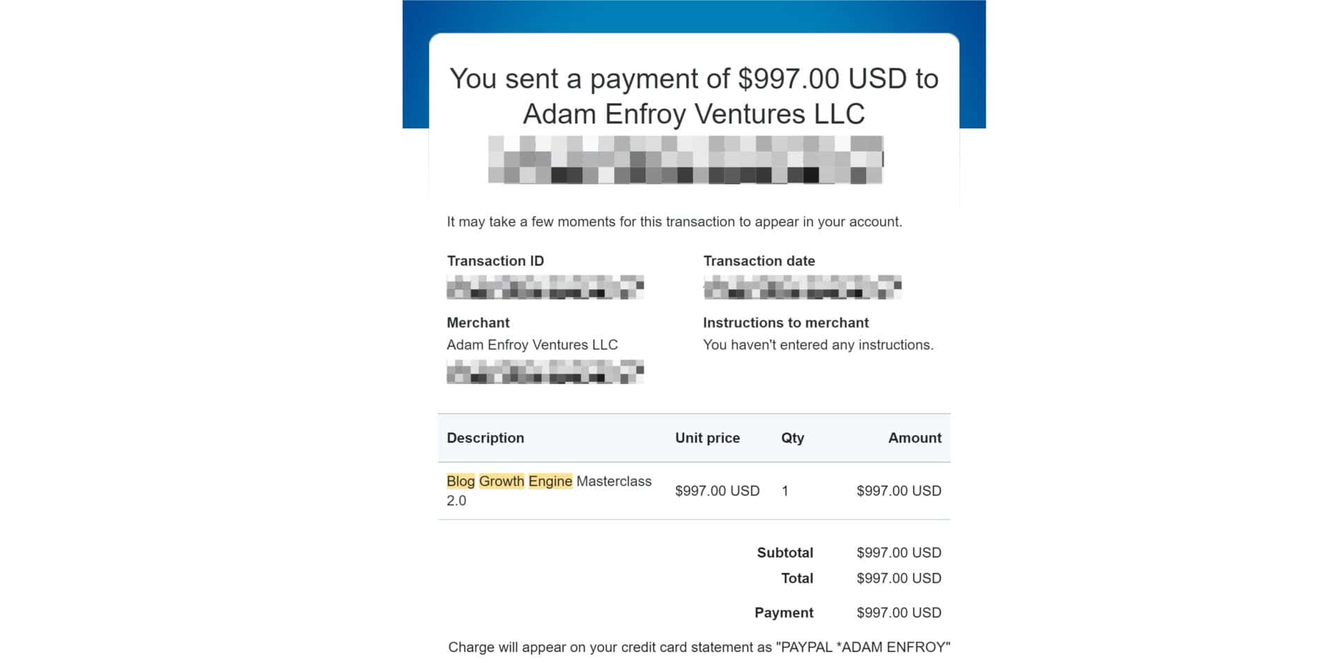 a screenshot showing a payment receipt for blog growth engine